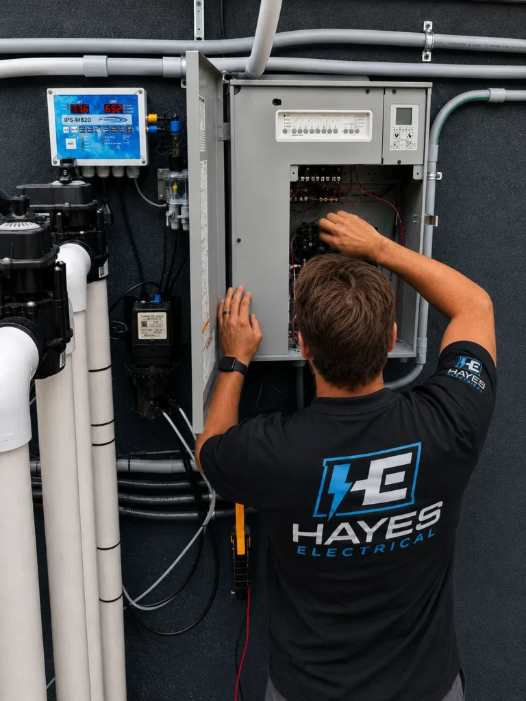 A Hayes Electrical technician services a pool equipment control panel with pH/ORP monitor, salt cell power supply, and Franklin Electric pump in Lake Charles, Louisiana.