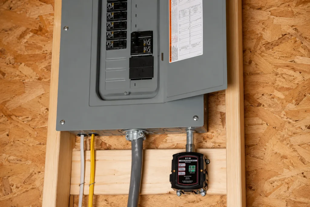 Eaton CHSPT2 Type 2 whole-home surge protective device mounted in a stud bay next to a Square D residential load center, hardwired with EMT conduit by Hayes Electrical in Lake Charles.